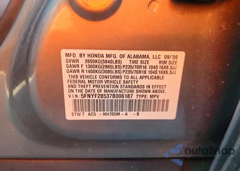 2007 Honda Pilot Exl z USA, uszkodzony, nr VIN 5FNYF28537B006187